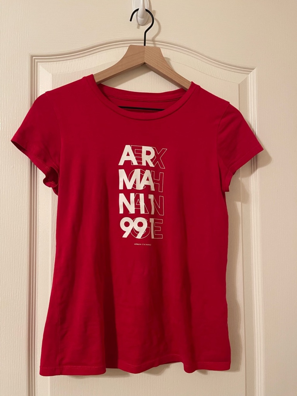 Armani Exchange Red Short-Sleeve Tee with White Vertical Logo